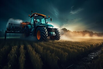 Fototapeta premium Verdant Balance: An Earthy Symphony of Tractor and Field Spraying in Dark Cyan and Orange