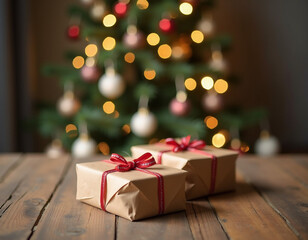 Front view of a wooden table with gift boxes wrapped with recycled paper, sustainable  Christmas concept 