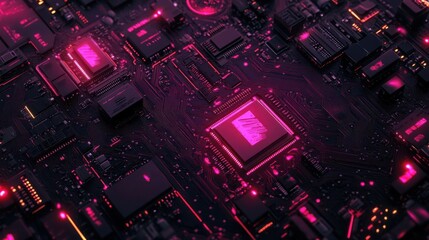 A vibrant close-up of a circuit board with glowing components and intricate details.