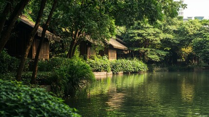 Obraz premium Serene Rural China Landscape with Traditional Wooden Houses by Quiet Riverbank | Peaceful Countryside Scenery on Ultra-Detailed Photo