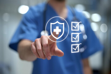 Medical professional with digital shield icon, focus on healthcare technology