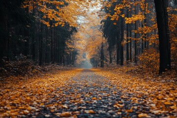 Fototapeta premium A path through an autumn forest with golden leaves.