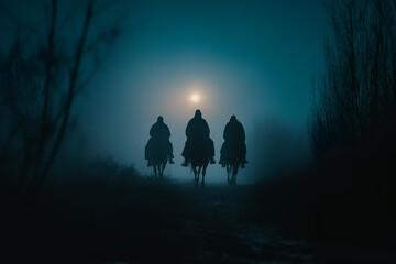 Fototapeta premium Wise Men Following the Star travelling and following a bright star Christ in the night sky.