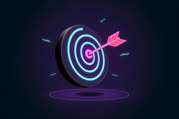Fototapeta premium Neon target with pink arrow, dark background symbolizes precision and focus