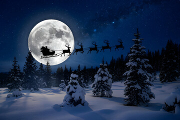 Naklejka premium Silhouetted Santa sleigh against moon, magical winter night scene with reindeer