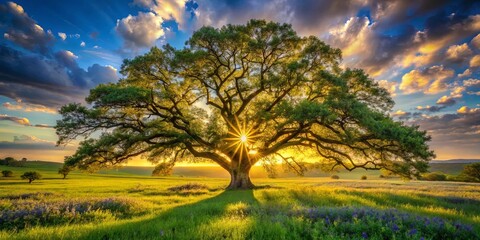 A Solitary Tree Stands Tall, Its Branches Reaching Towards a Vibrant Sunset Sky, Casting Long Shadows Across a Lush Meadow of Wildflowers