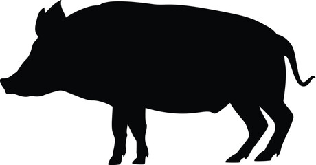 Black and white silhouette of a wild boar pig. Perfect for wildlife illustrations, logo ideas, hunting-themed designs, and rustic graphic projects. Editable vector.