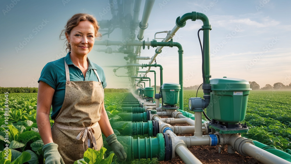 Poster agronomist with a double exposure merging with an automated field irrigation system