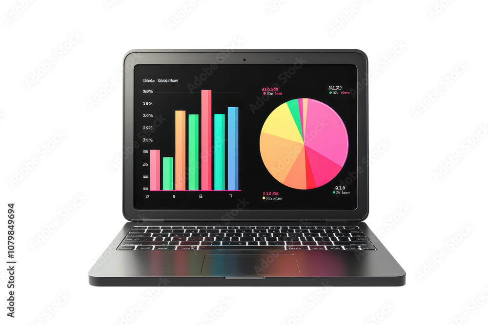 Poster a laptop displaying colorful bar graphs and pie charts, showcasing data visualization and statistics