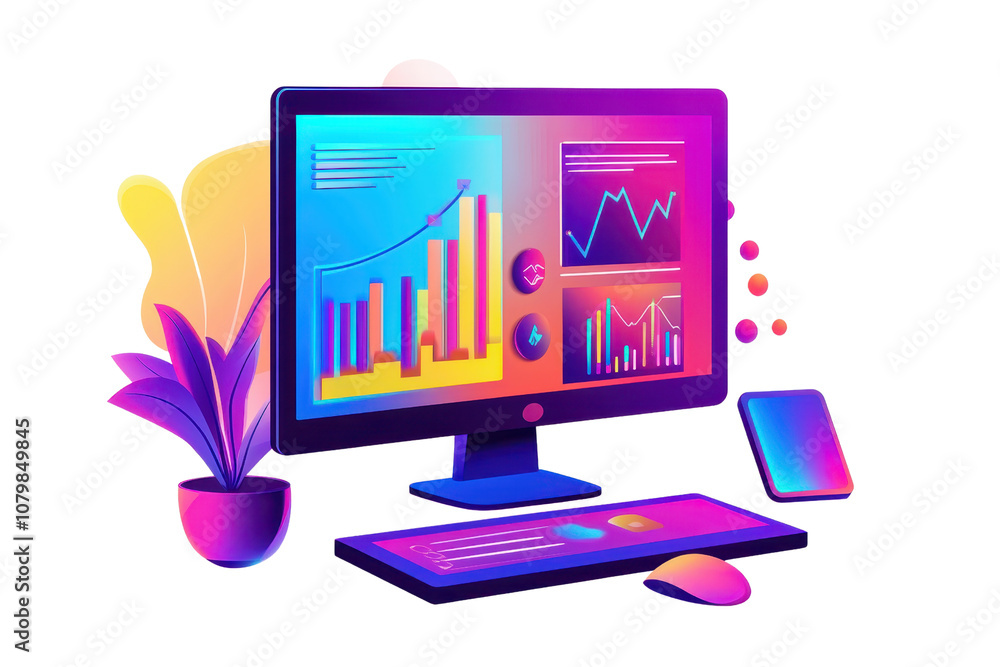 Poster a vibrant computer setup displaying colorful graphs and charts, complemented by a decorative plant.