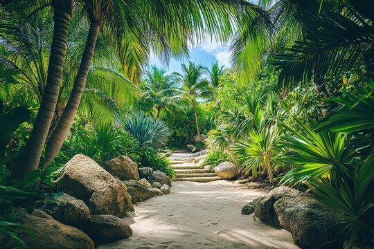 A pathway through a tropical jungle with palm trees, lush foliage, rocks, and a sandy path leading to a clearing. - Powered by Adobe