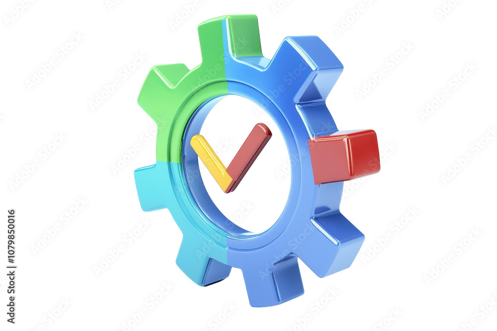 Poster a colorful gear symbolizing optimization and completion, featuring a checkmark in the center.