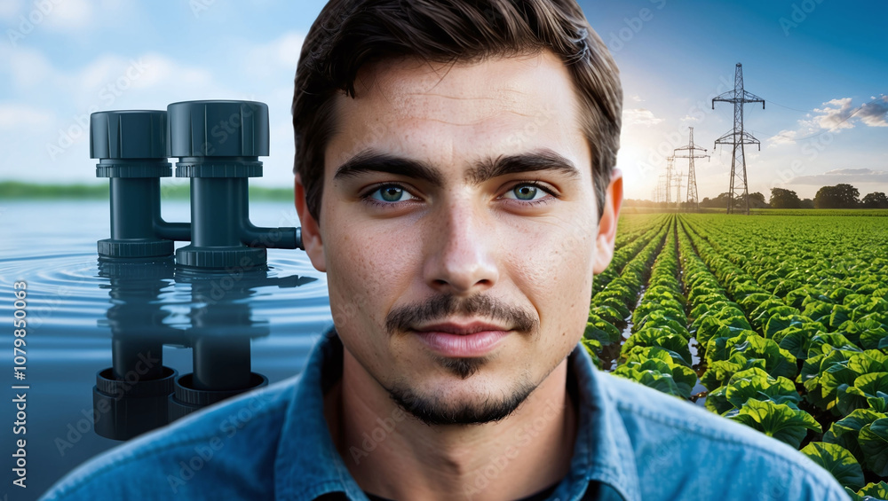 Poster young farmer’s face with images of ai-controlled water systems in the background in double exposure
