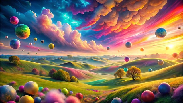 A vibrant landscape with rolling hills, lush vegetation, and a colorful sky dotted with floating orbs, creating a whimsical and surreal atmosphere.