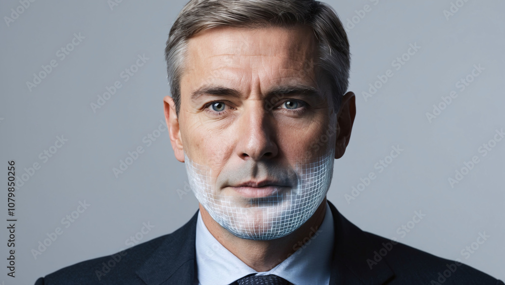 Poster man’s face with digital crop predictions layered across in double exposure