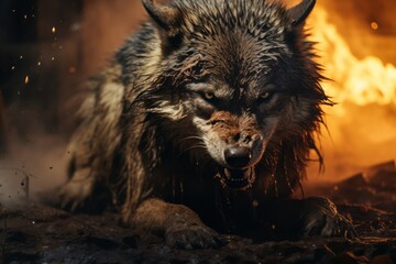 angry deep eyes wolf in the dirt place ready to catch