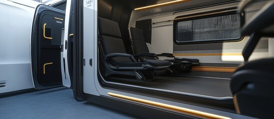Fototapeta premium Modern Interior Design for a futuristic vehicle, with black seats, white and yellow accents, and an open door.