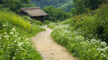 Fototapeta premium Tranquil Rural China Landscape with Wildflowers Blooming Along Dirt Path to Thatched-Roof Cottage Surrounded by Greenery - Ultra-Detailed Serene Scene