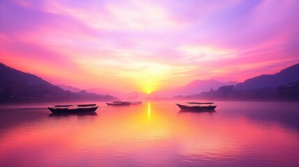 Serene Sunset on a Chinese River: Vibrant Sky, Traditional Fishing Boats, Rural Beauty