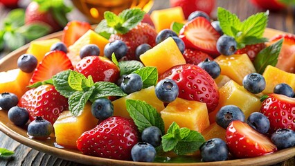 Obraz premium A Vibrant Medley of Fresh Fruit Sliced Strawberries, Blueberries, and Melon Cubes, Adorned with Delicate Mint Leaves, Creates a Delightful and Healthy Culinary Masterpiece.