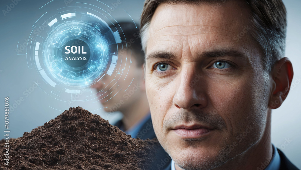 Poster man’s face with futuristic digital soil analysis visuals layered in double exposure