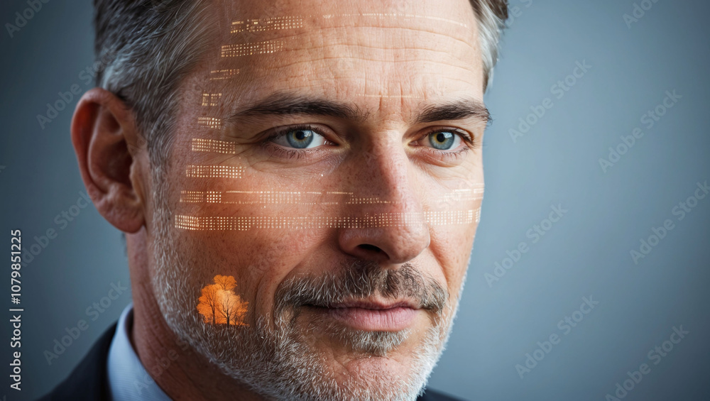 Poster man’s face layered with data on soil health in double exposure