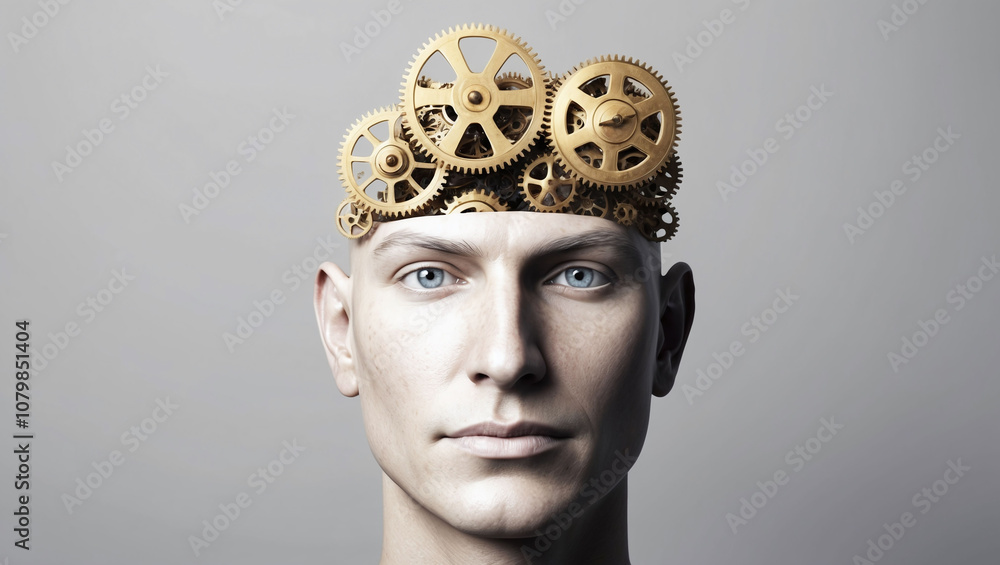 Poster a human face with gears and clock elements symbolizing the passage of time