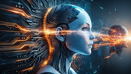 A woman's face is surrounded by a glowing, circuit board-like pattern