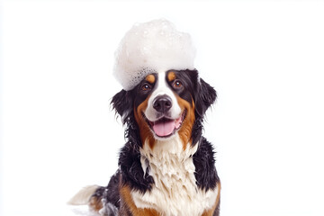 
Bernese mountain dog close up shot, happy, sitting, face frontwith smiling face, bathing bubble on head with beautiful and harmonious compotion, 8k high resolution, magazine photography style. isolat