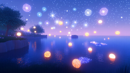 Fototapeta premium A beautiful night sky filled with glowing orbs and fireworks over a calm lake.