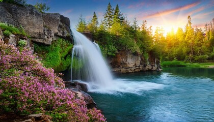 Obraz premium Waterfall Cascading Over Rocky Cliffs Into a Peaceful Lake, Surrounded by Vibrant Spring Flowers and Lush Green Trees, Captured at Dawn for a Scenic Nature Scene