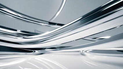 A silver and white abstract painting with a lot of lines and curves