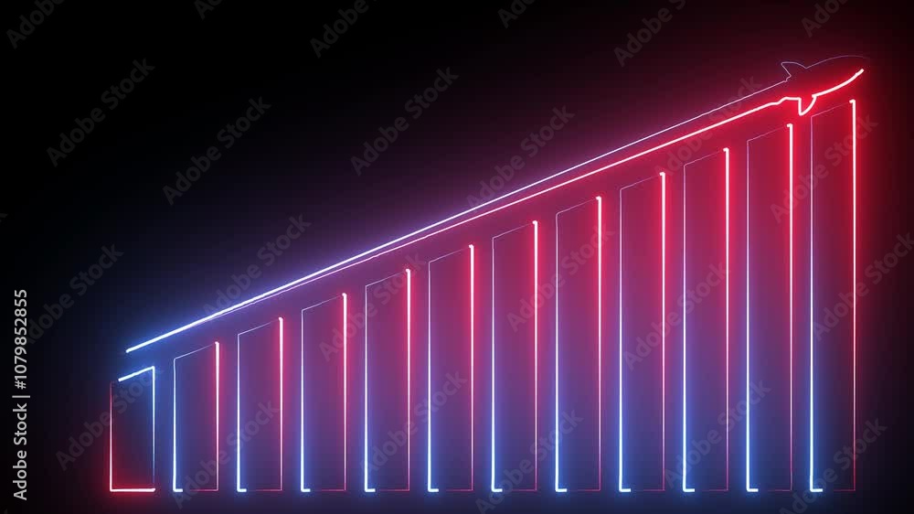 Poster neon business graph chart with growing business concept. arrow increasing on graph with rocket sale 