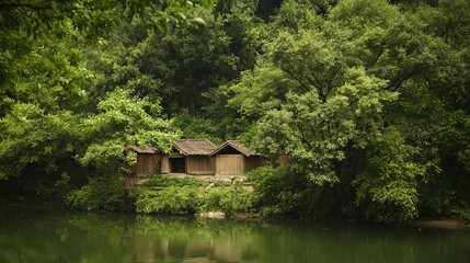 Serene Rural China Landscape with Traditional Wooden Houses by Quiet Riverbank | Tranquil Asian Countryside Scene with Greenery | Ultra-Detailed Photo