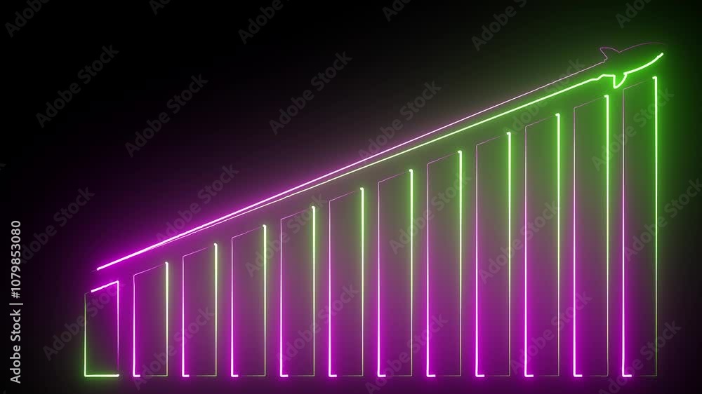 Poster neon business graph chart with growing business concept. arrow increasing on graph with rocket sale 
