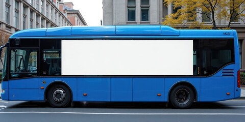 A blue bus with a white blank banner mockup on a city street for travel advertising and marketing