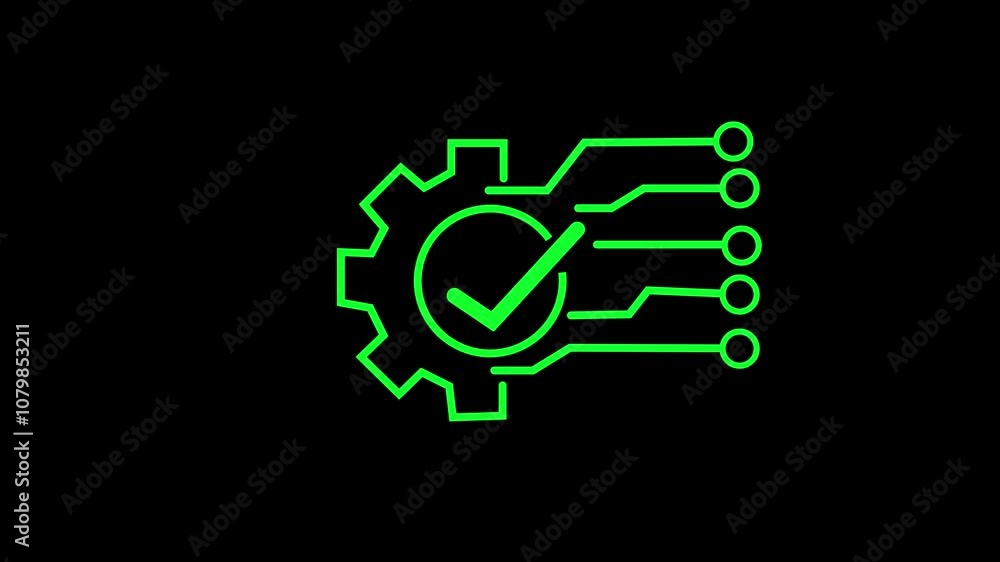 Poster cogwheel and check mark, technology development, innovation concept, system integration, software bu