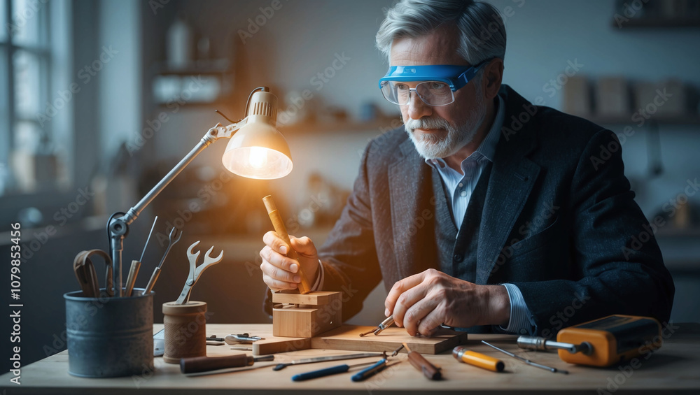 Poster double exposure of an inventor with tools symbolizing creativity