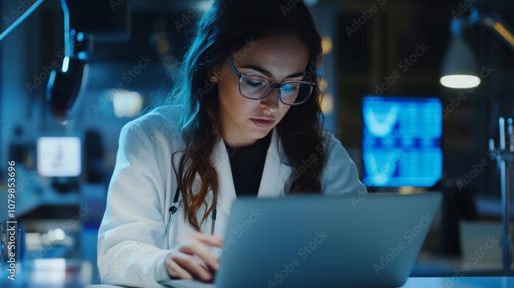 Poster she is focused on her work, possibly analyzing data or writing a report