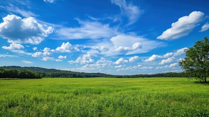 Fototapeta premium Green meadow under blue sky with clouds and distant trees in summer landscape