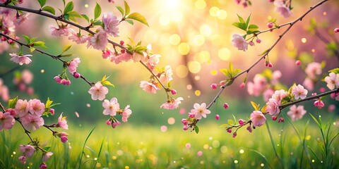 Fototapeta premium Delicate pink blossoms on a branch bathed in the warm glow of sunrise, a gentle breeze scattering petals across a lush grassy meadow