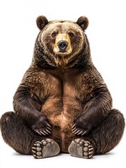 Obraz premium Adorable Chubby Brown Bear Sitting Comfortably with Paws on Belly on White Background