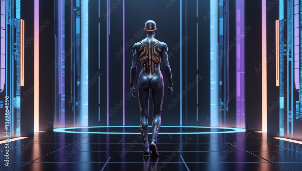 Poster digital artwork of a humanoid figure with a metallic exoskeleton in a high-tech environment