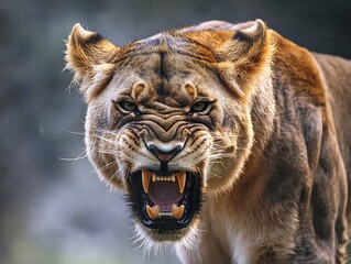 Naklejka premium Fierce and Intense Snarling Lioness Displaying Primal Strength and Ferocity