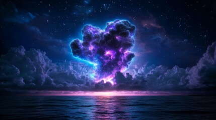 Magical Glowing Cloud over Ocean at Night Fantasy Sky Scene