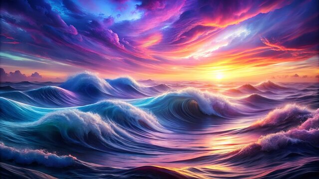 An ethereal seascape adorned with swirling clouds casting a vibrant glow on the rolling waves at sunset.