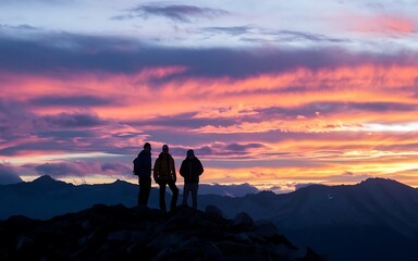 Fototapeta premium Silhouette of hikers on a mountain peak against a sunset background