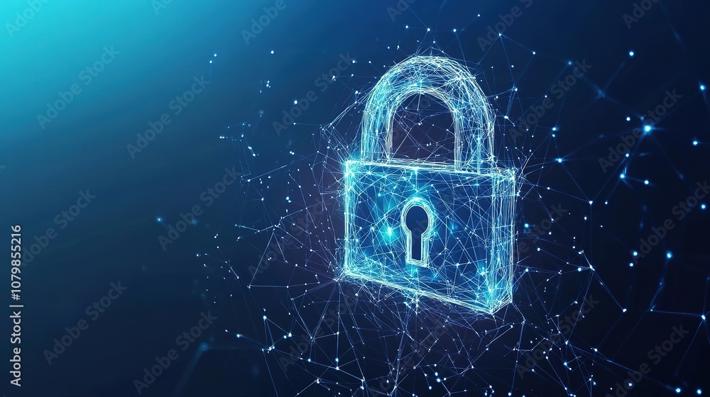 Poster cyber security concept. lock symbol from lines and triangles, point connecting network on blue backg