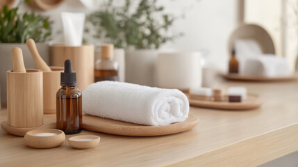 An aroma spa showcasing eco-friendly products, including organic essential oils, reusable towels, and natural bamboo containers, arranged neatly in a beautifully decorated spa room