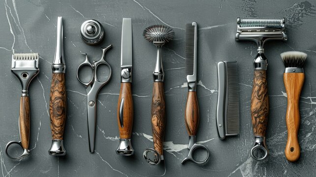 A set of barber tools with wooden handles on a marble surface.